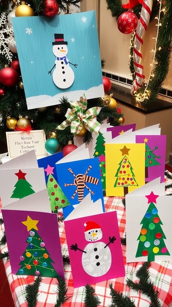 Creative Christmas Card Ideas for KS2 Students A collection of colorful handmade Christmas cards featuring festive designs by children.